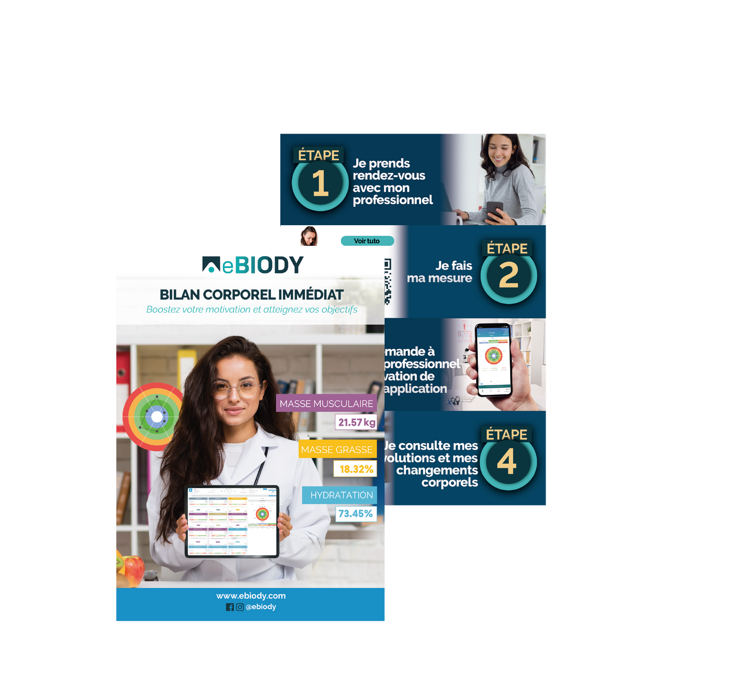 250 Flyers eBIODY Visuels adaptés selon secteur d'activité (Fitness, EMS, Nutrition, Esthétique)