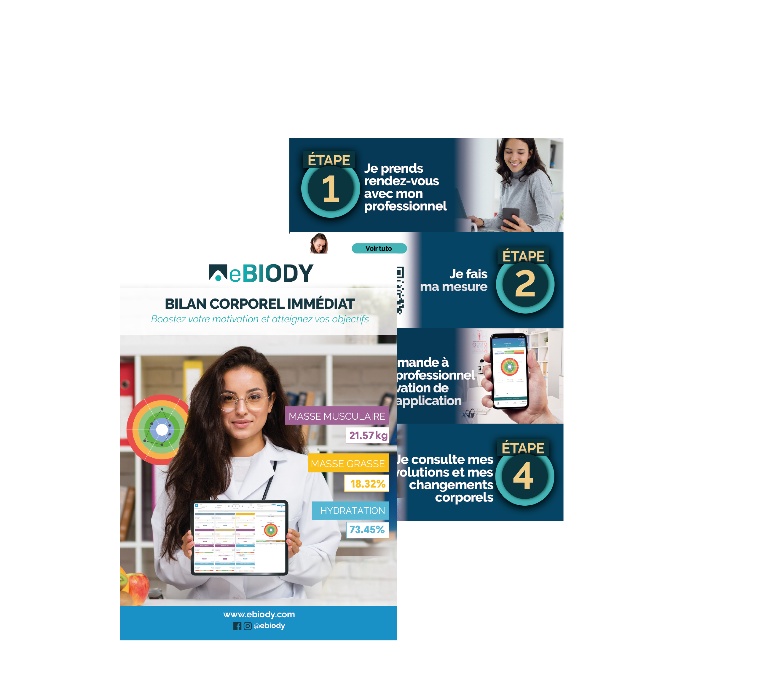 250 Flyers eBIODY Visuels adaptés selon secteur d'activité (Fitness, EMS, Nutrition, Esthétique)